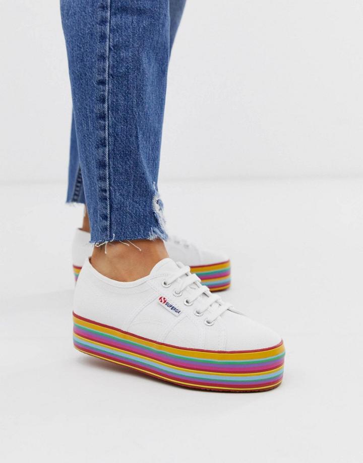 Superga 2790 White Flatform Sneakers With Rainbow Sole - White