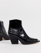 Office Arriba Black Leather Western Mid Heeled Ankle Boots With Metal Toe Cap - Black