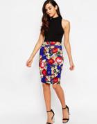 Vesper Vanessa Floral Print Bodycon Skirt - Cobalt