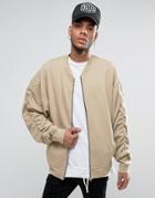 Asos Oversized Jersey Bomber Jacket In Slub With Ruched Sleeves - Beige