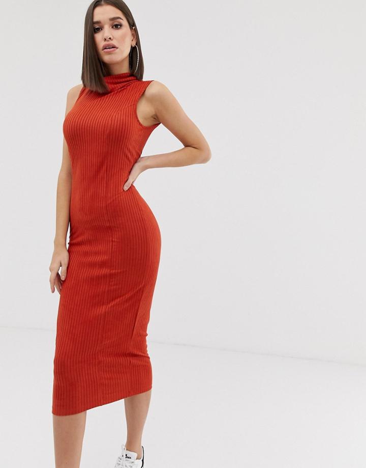 Asos Design Midi Rib Dress With High Neck - Orange