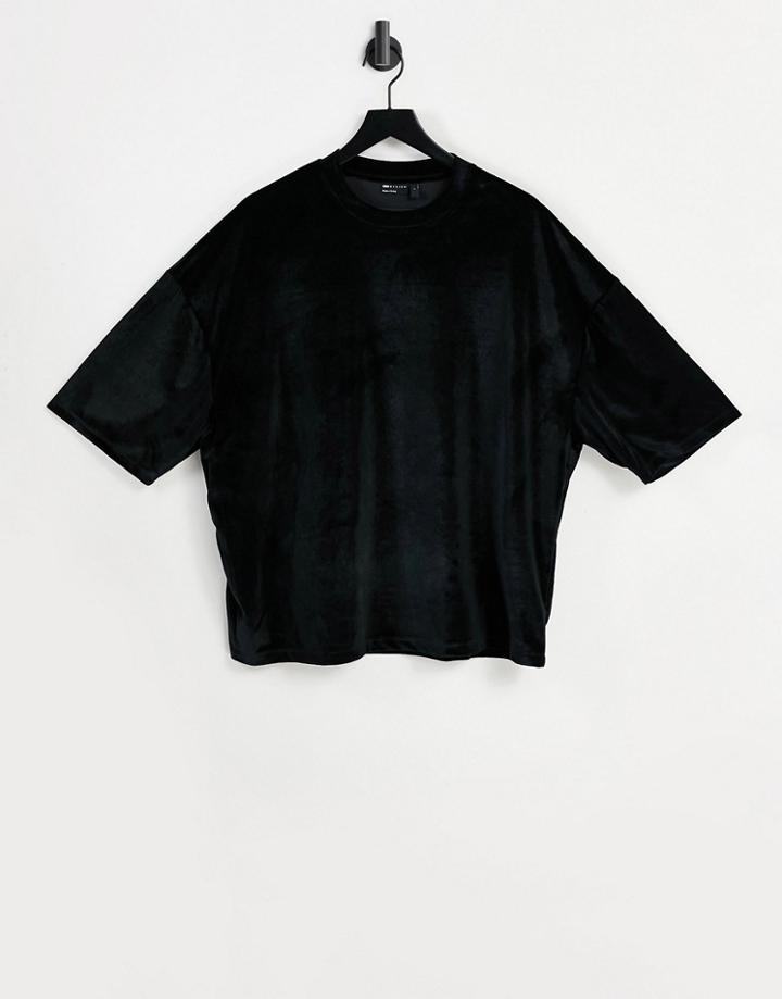 Asos Design Oversized T-shirt With Half Sleeve In Black Velour