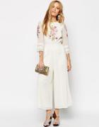 Asos Jumpsuit With Floral Embroidery And Pretty Lace Inserts - Cream