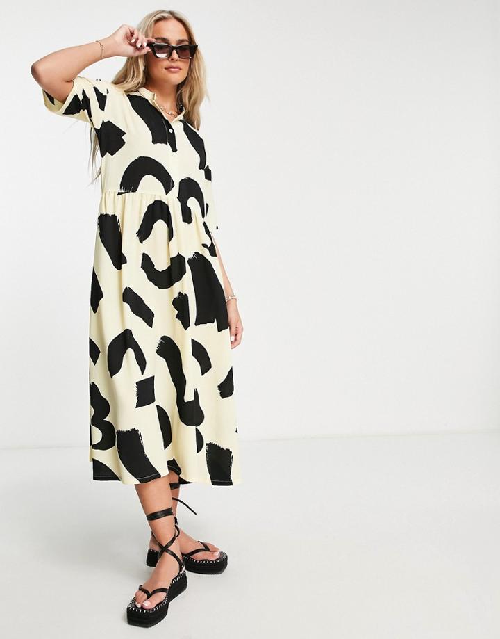 Monki Smock Shirt Midi Dress Pale Yellow Brushstroke Print