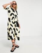 Monki Smock Shirt Midi Dress Pale Yellow Brushstroke Print