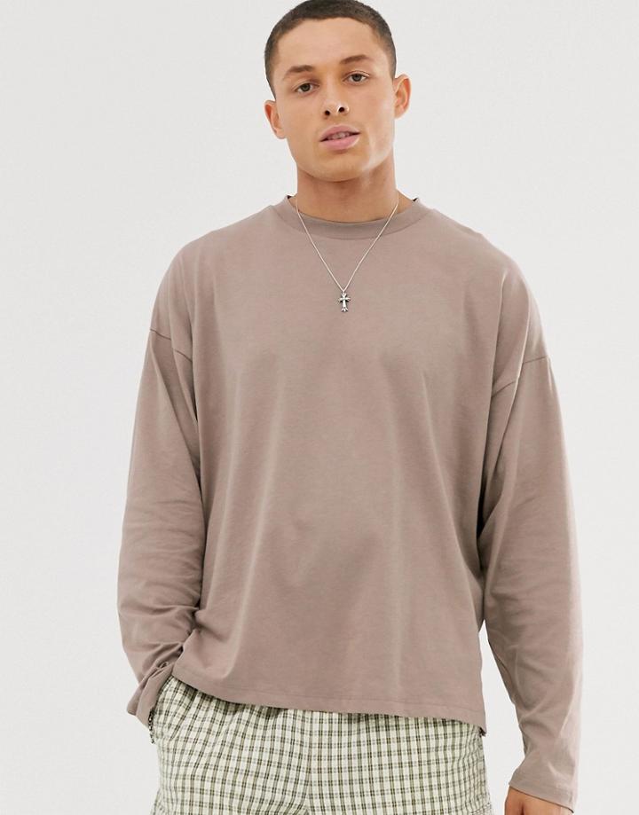 Asos Design Oversized Longline Long Sleeve T-shirt With Side Splits In Beige