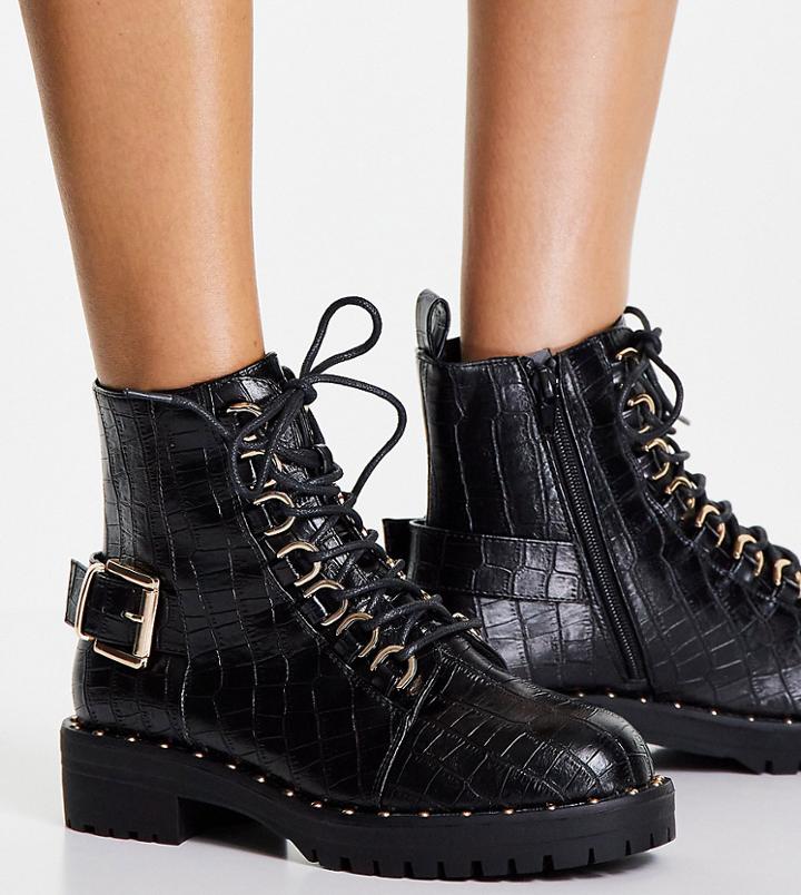Asos Design Wide Fit Aura Lace Up Hiker Boots In Black Croc