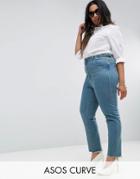 Asos Curve Farleigh High Waist Slim Mom Jeans In Cynthia London Blue With Side Tabs And Step Hem - Blue