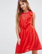 Wal G Lace Insert Skater Dress With Ruffles - Red