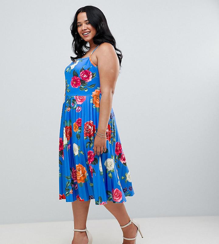 Asos Design Curve Scuba Floral Cami Pleated Midi Prom Dress - Multi
