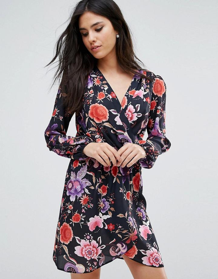 Love Printed Long Sleeve Wrap Dress - Black