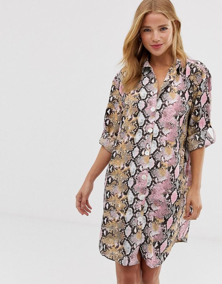 Qed London Shirt Dress In Pink Snake Print - Pink