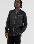 Asos Design Regular Fit Revere Collar Satin Shirt With Contrast Piping Detail In Black - Black