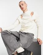 Asos Design Long Sleeve T-shirt With Ruching And Cut-outs In Cream-white