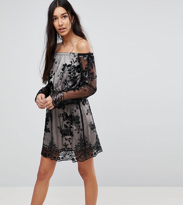 Kiss The Sky Tall Off Shoulder Mini Dress With Sequin Embellishment - Black