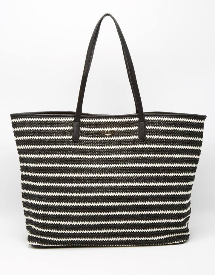 Nali Lined Striped Woven Raffia Style Shopper Tote Bag - Black