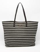 Nali Lined Striped Woven Raffia Style Shopper Tote Bag - Black