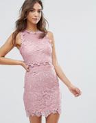 Love & Other Things Lace Pencil Dress With Mesh Yoke - Pink