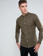 Asos Slim Shirt With Stretch And Grandad Collar In Khaki - Green