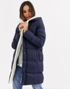 Brave Soul Hoplong Padded Coat With Fleece Lining-navy