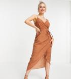 Asos Design Petite Cami Wrap Midi Dress In Brown Polka Dot Print-multi