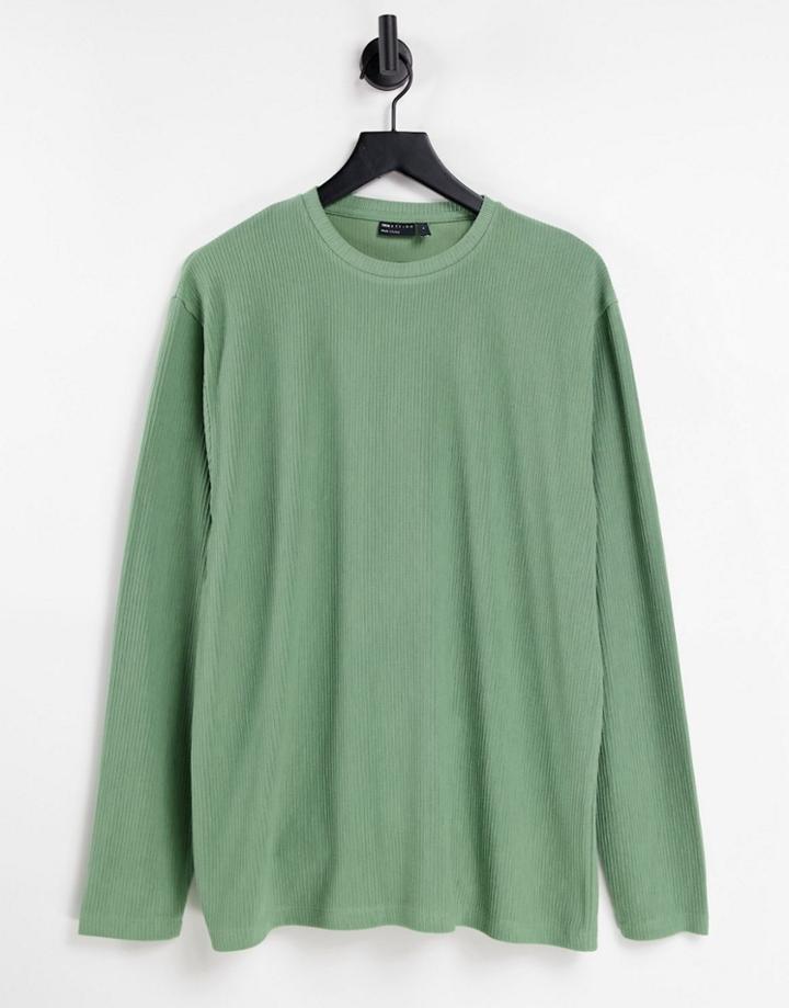 Asos Design Oversized Long Sleeve T-shirt In Heavy Rib In Khaki-green