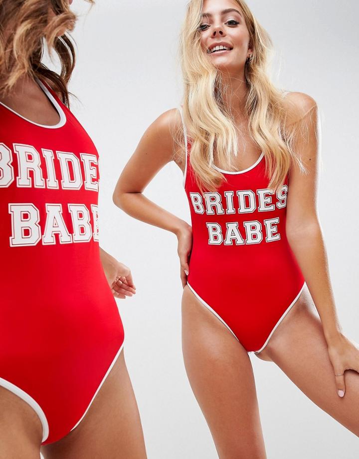 Asos Design Brides Babe Slogan Swimsuit With Contrast Bind In Red - Red