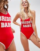 Asos Design Brides Babe Slogan Swimsuit With Contrast Bind In Red - Red