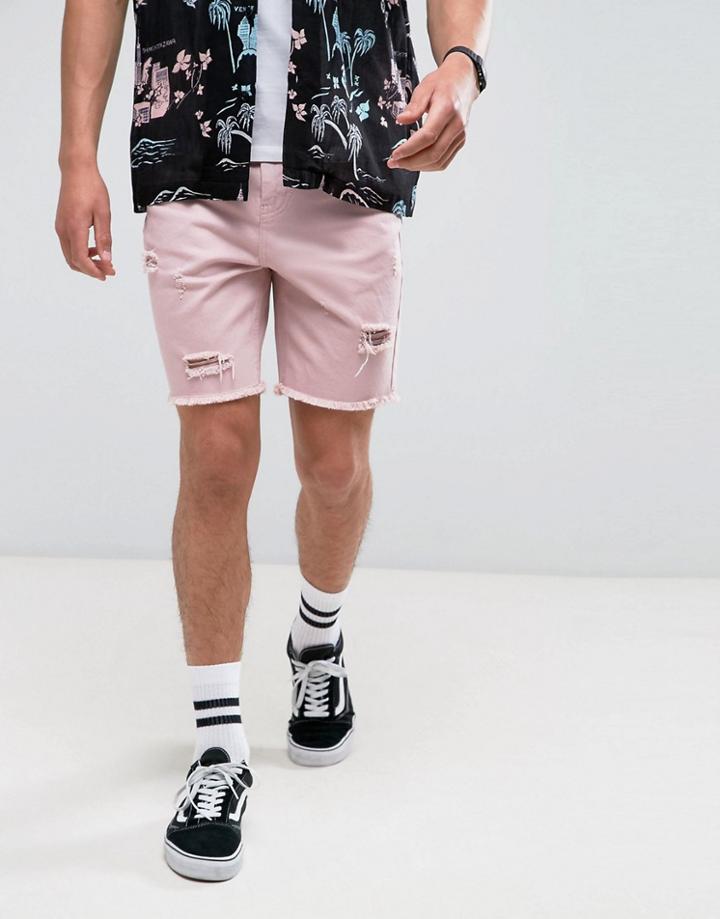 Bershka Denim Shorts With Rips In Pink - Pink