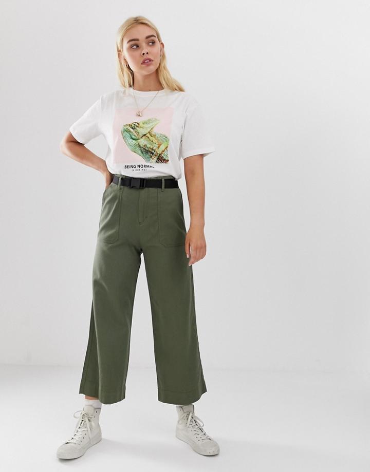 Pull & Bear Wide Leg Parachute Belt Utility Pants In Khaki - Green
