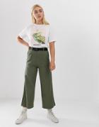Pull & Bear Wide Leg Parachute Belt Utility Pants In Khaki - Green