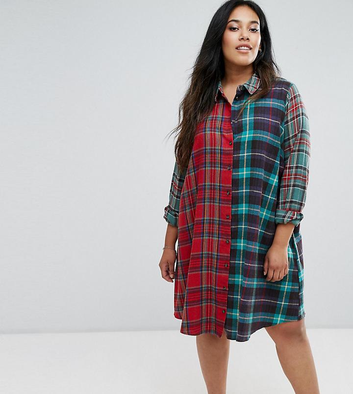 Asos Curve Mixed Check Shirt Dress - Multi