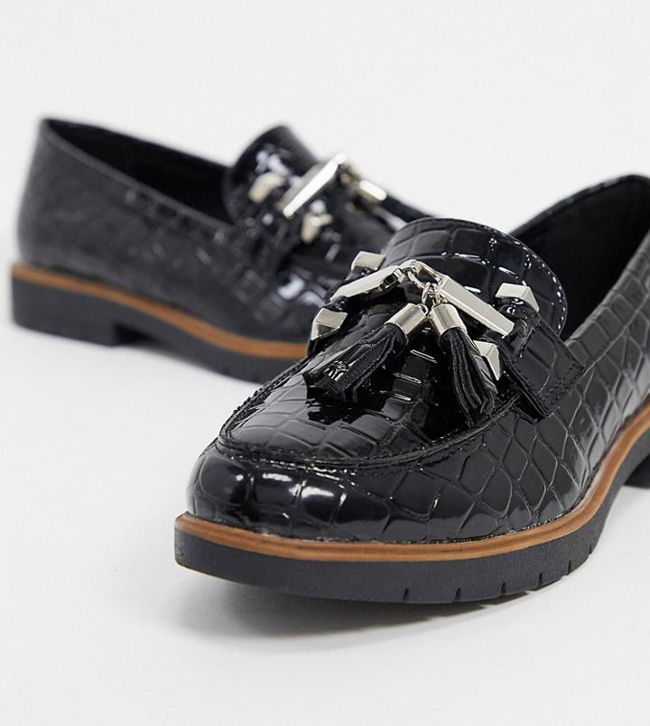 Truffle Collection Wide Fit Flat Metal Trim Loafers In Black Croc