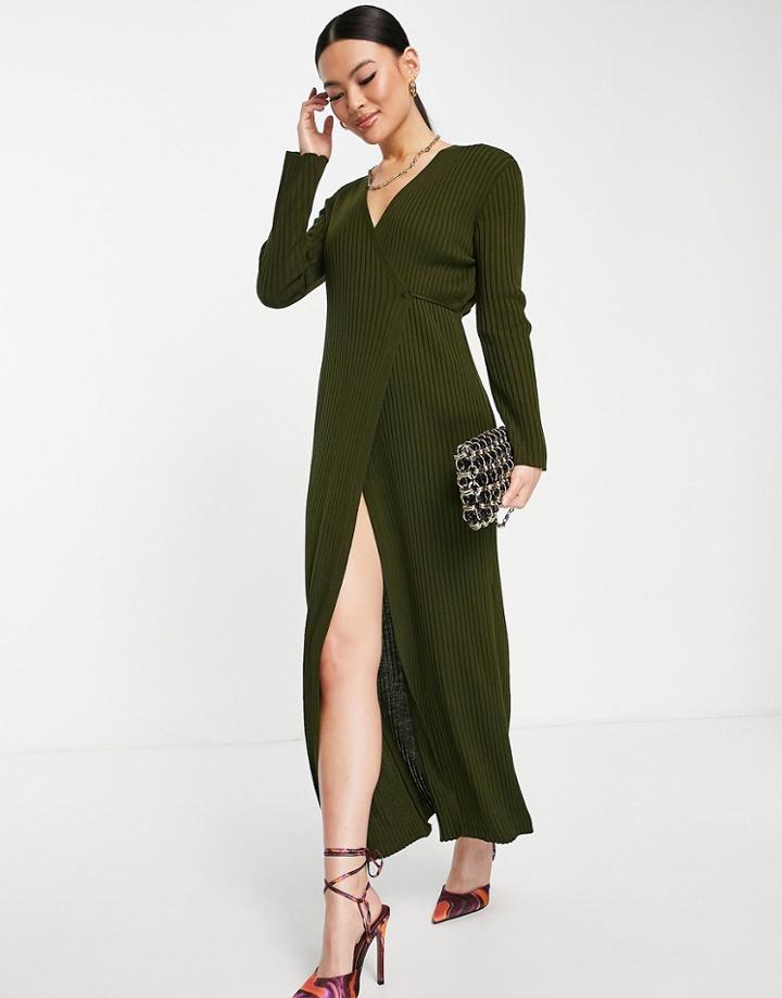 Femme Luxe Wrap Knitted Midi Dress In Forest Green