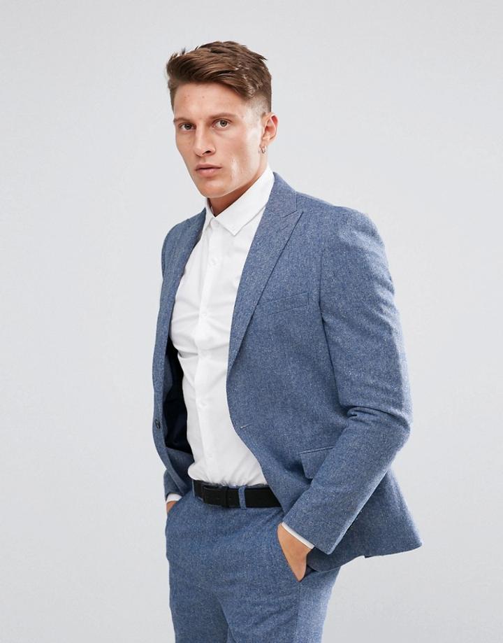 Moss London Skinny Suit Jacket In Fleck - Blue