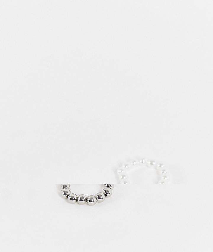 Asos Design 2-pack Faux Pearl Beaded Band Ring Set In White And Silver