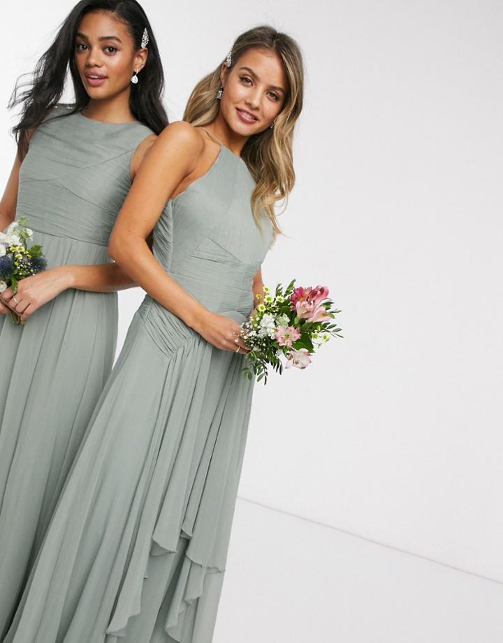 Asos Design Bridesmaid Pinny Maxi Dress With Ruched Bodice And Layered Skirt Detail-green