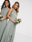 Asos Design Bridesmaid Pinny Maxi Dress With Ruched Bodice And Layered Skirt Detail-green