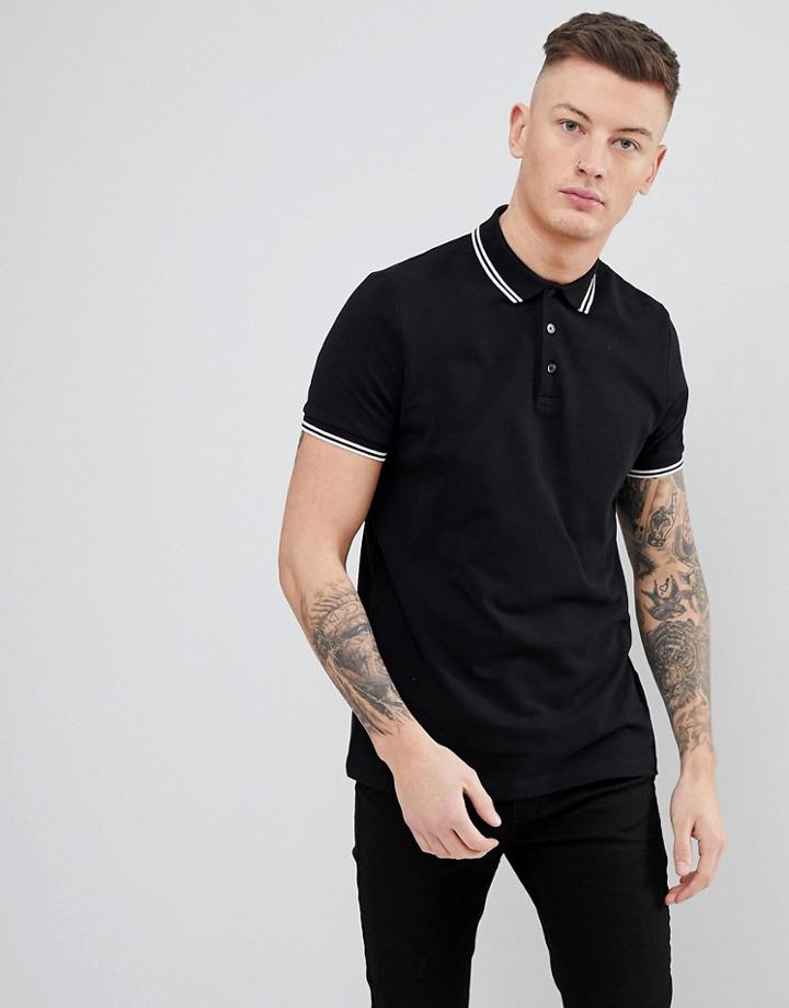 Asos Design Pique Polo With Tipped Collar - Black