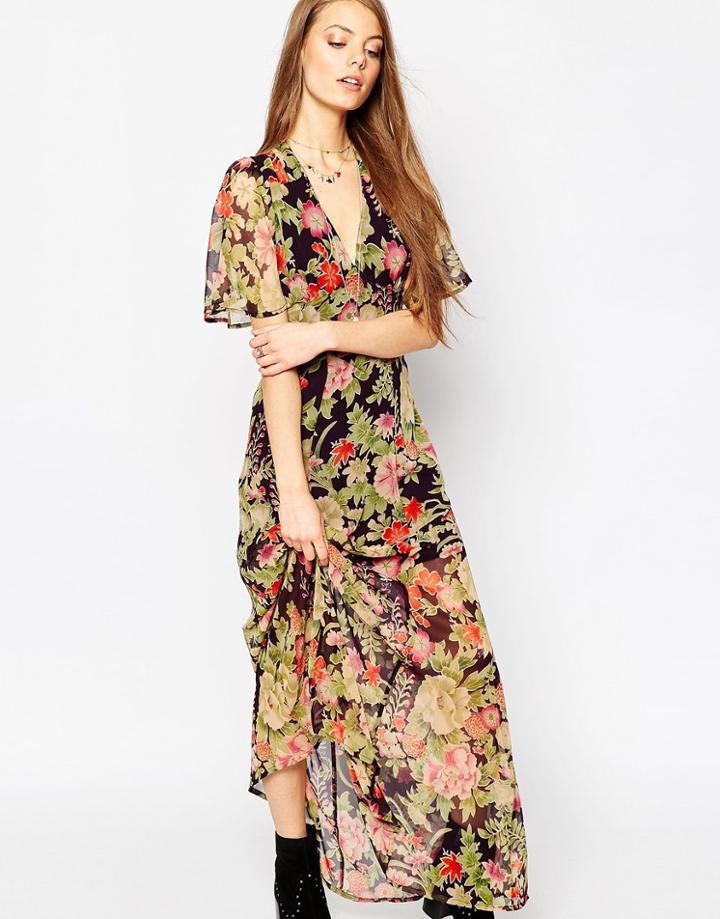 Asos Flutter Sleeve Maxi Dress In Floral Print - Multi