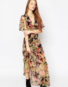 Asos Flutter Sleeve Maxi Dress In Floral Print - Multi
