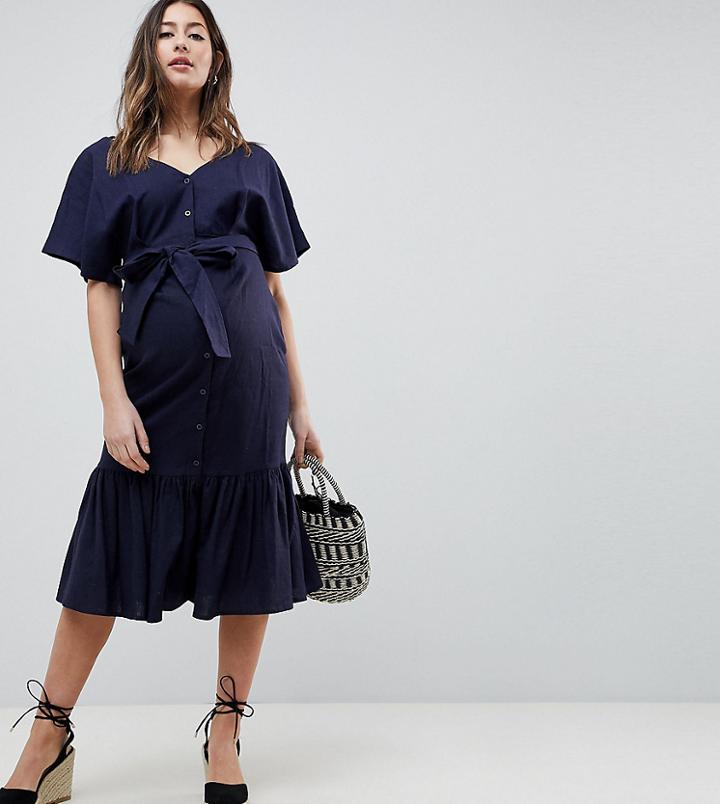 Asos Design Maternity Pep Hem V Front V Back Button Through Midi Dress - Navy