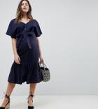 Asos Design Maternity Pep Hem V Front V Back Button Through Midi Dress - Navy