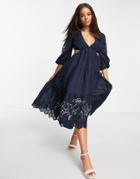Asos Design Tiered Voile Midi Dress With Lace Trim And Embrodiery-navy