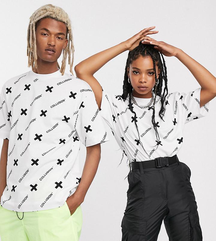 Collusion Unisex T-shirt With Logo Print In White