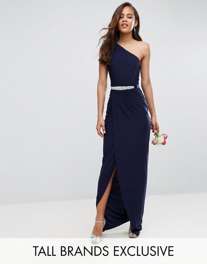 Club L Tall One Shoulder Slinky Maxi Dress With Embellished Belt - Navy