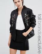 Fashion Union Tall Slinky Floral Embroidered Bomber Jacket - Black