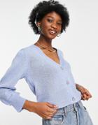 Jdy Knitted Puff Sleeve Crystal Button Cardigan In Pale Blue-blues