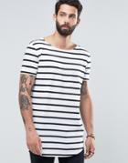 Asos Super Longline Stripe T-shirt With Curved Hem And Boat Neck - White