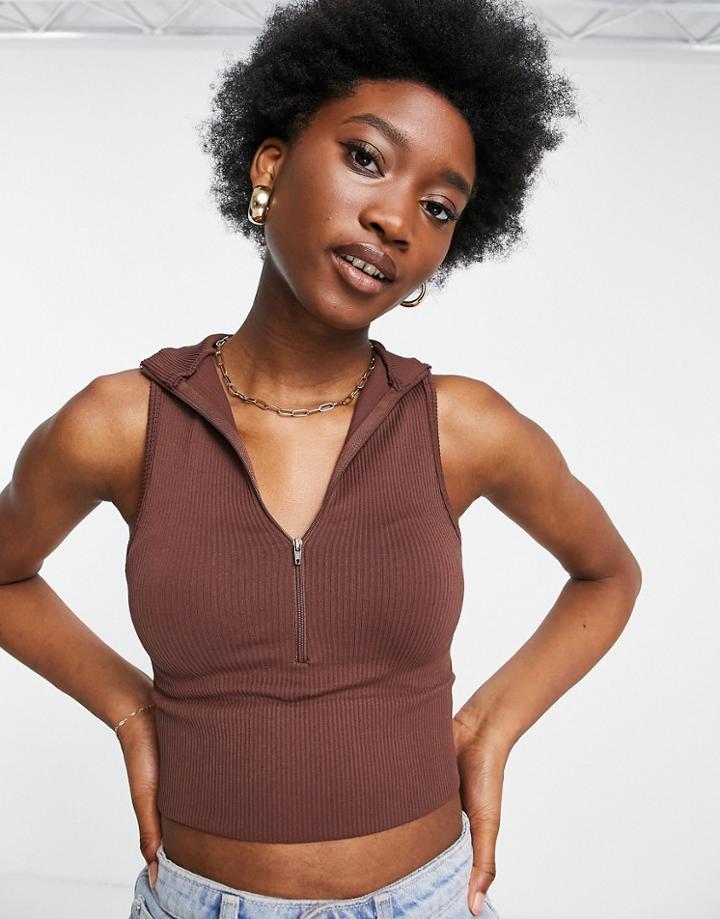 Stradivarius Half Zip Detail Ribbed Seamless Tank In Brown